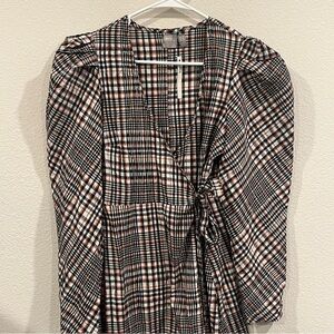 ASOS size 6 plaid maxi length wrap dress orange blue white puff sleeve